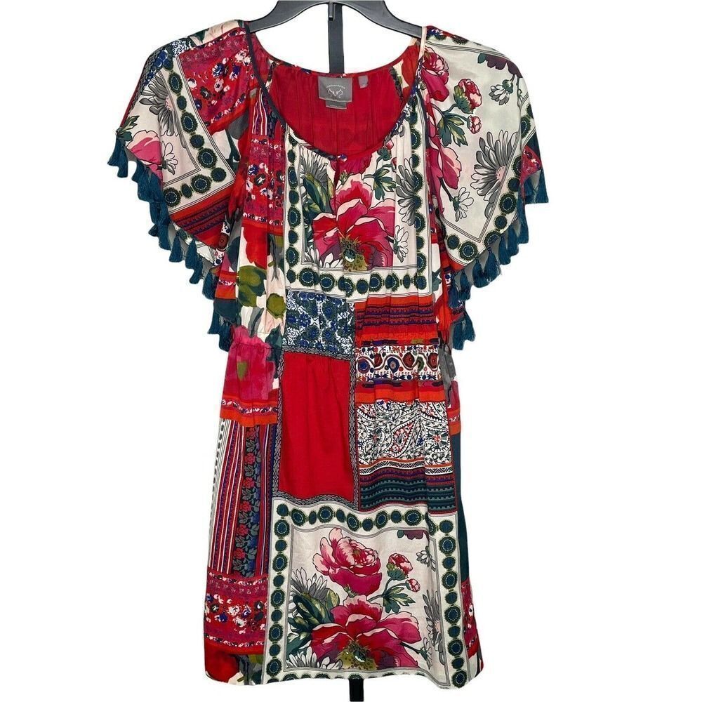 vanessa Virginia Anthropologie Persian Rose Floral Dress XS Tassel Trim lined - Picture 3 of 8